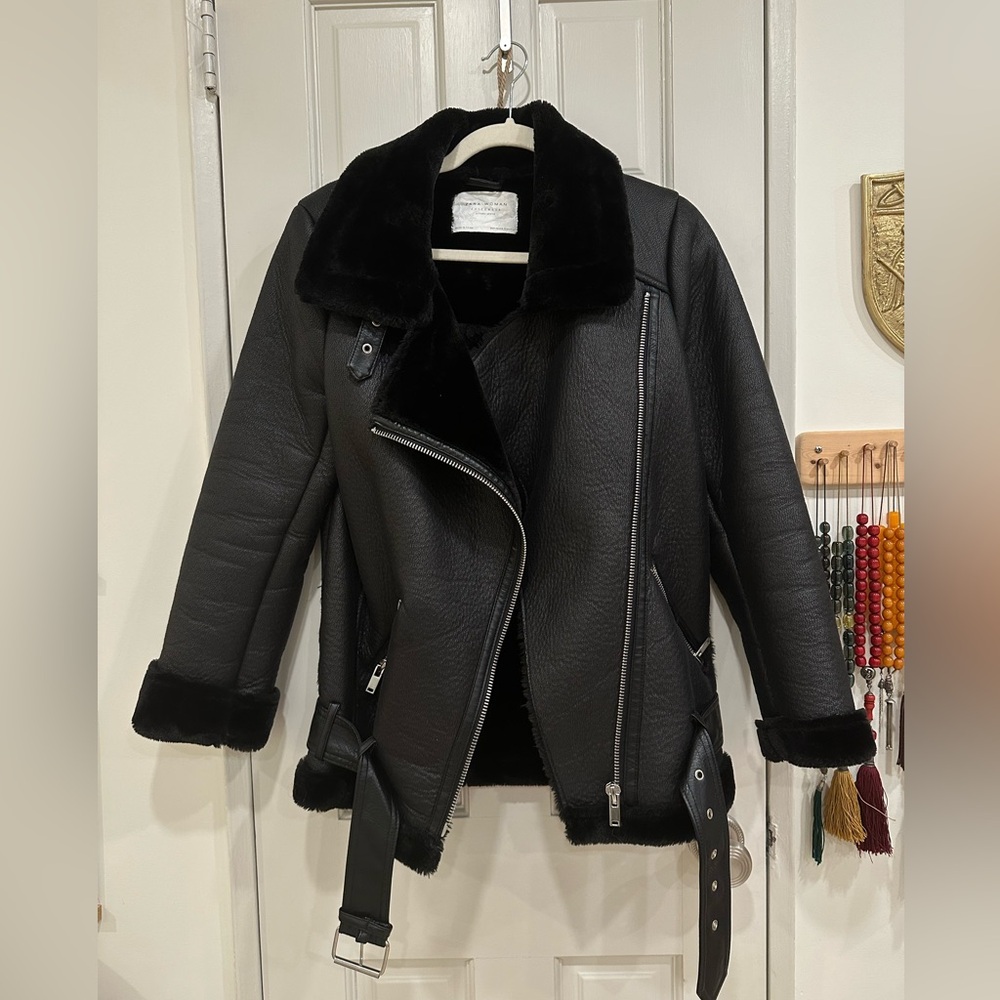 Zara Black Aviator Shearling Faux Bomber Jacket with Fur Trim XS